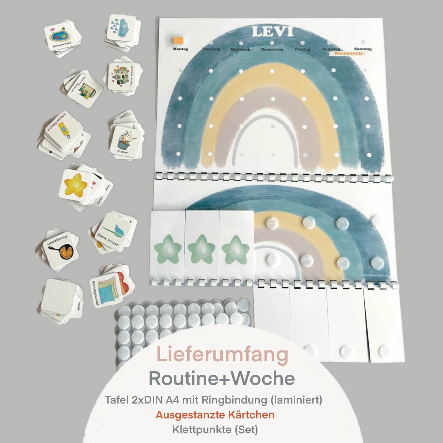 Wochenplaner und Routineplaner Set für Kinder, Ausgestanzte Kärtchen, klappbar (Blau)