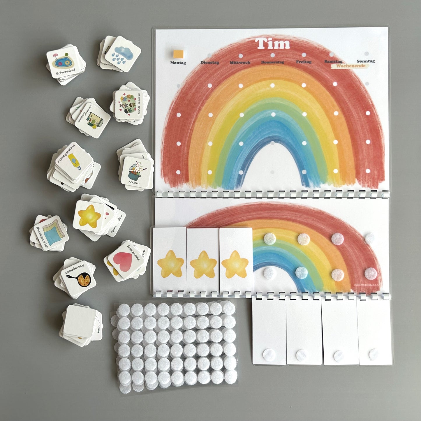 Wochenplaner Set für Kinder, Tagesplan, Routineplaner, Ausgestanzte Kärtchen, klappbar (Regenbogen)