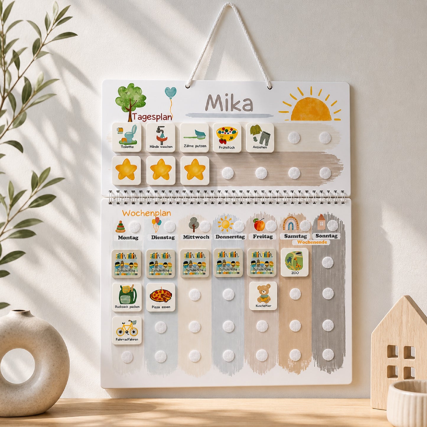 Wochenplan Kinder & Routineplaner Komplettset | Visueller Tagesplaner mit Klettpunkten | XXL Familien-Set startklar