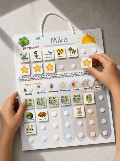 Wochenplan Kinder & Routineplaner Komplettset | Visueller Tagesplaner mit Klettpunkten | XXL Familien-Set startklar