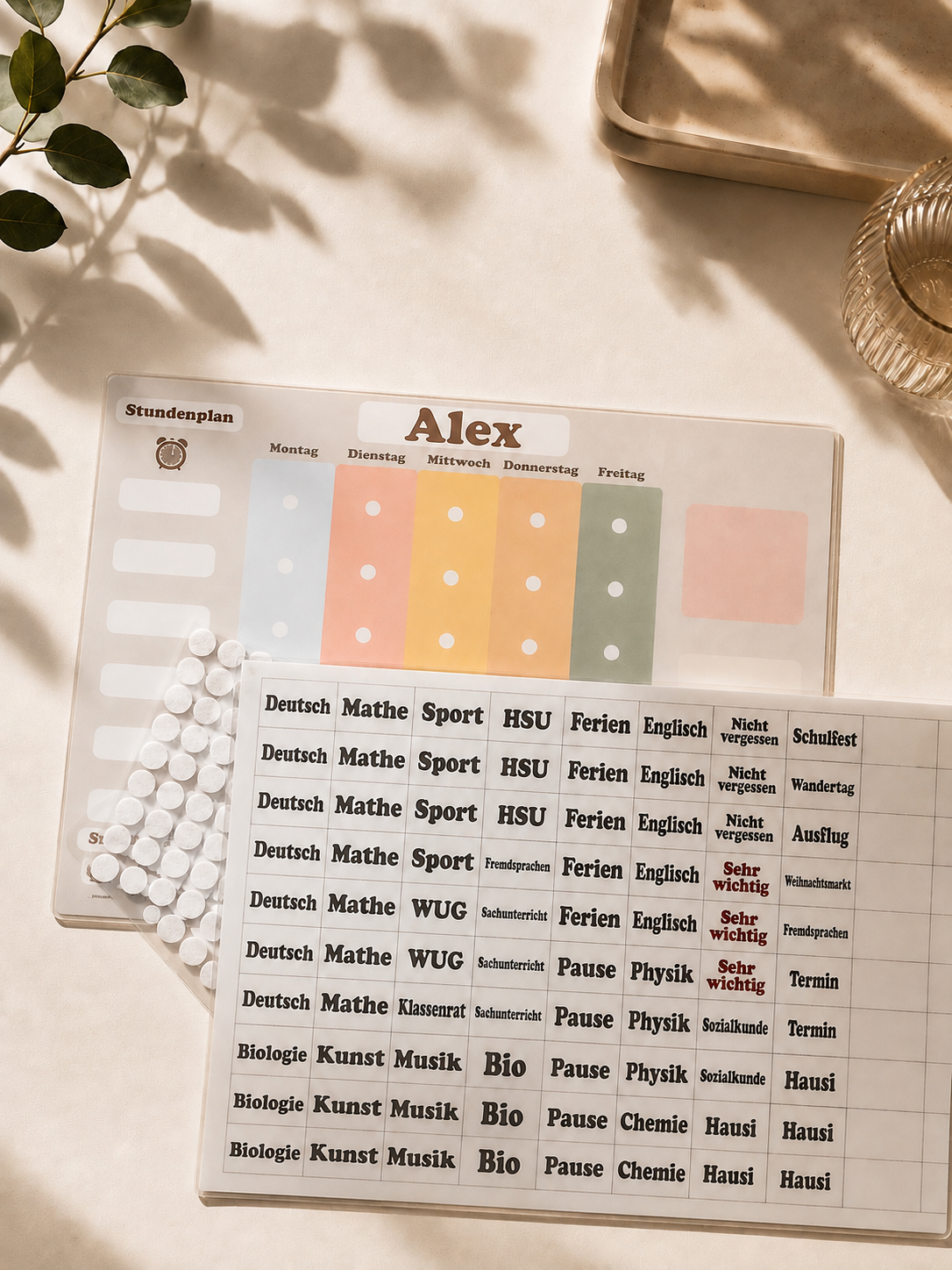 Stundenplan Tafel mit Klettpunkten an Kinderzimmerwand befestigt