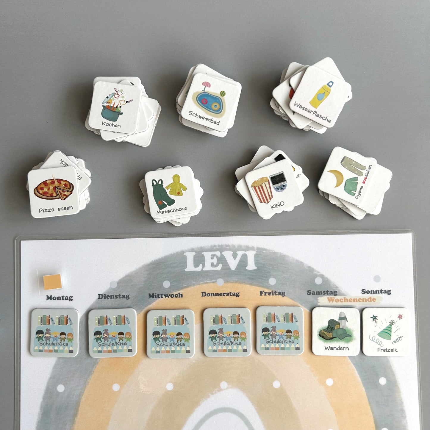 Wochenplaner und Routineplaner Set für Kinder, Ausgestanzte Kärtchen, klappbar (Boho)