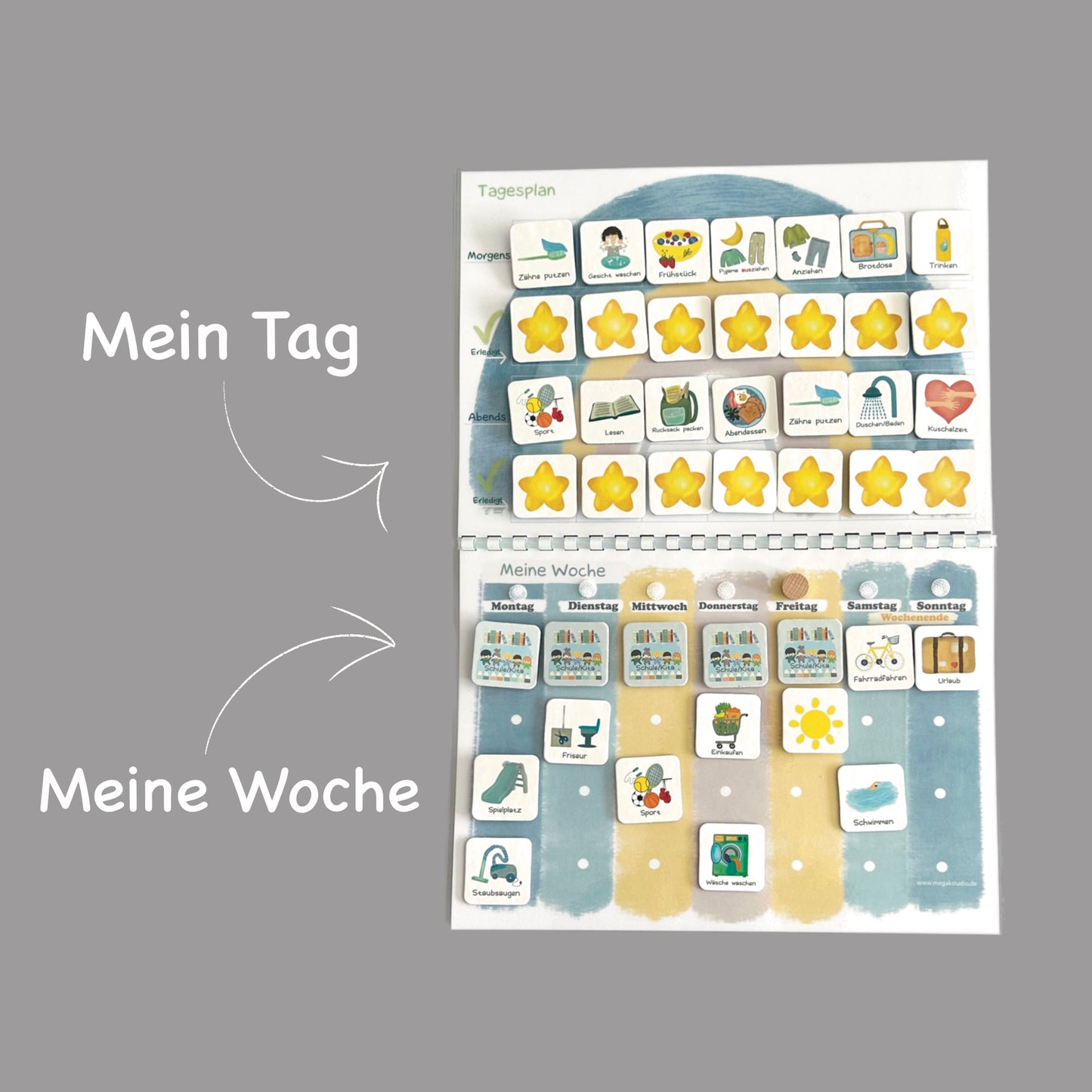 Wochenplaner und Tagesplaner Set, Regenbogen blau